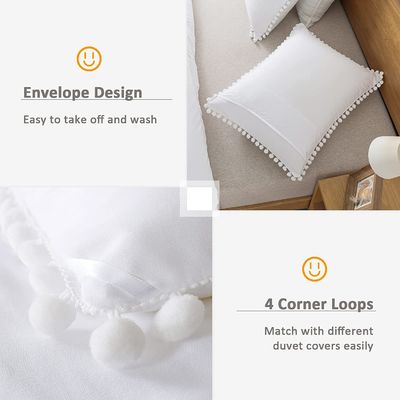 130 * 70 Δυσσωματότητα υφάσματος Λευκό Pom Pom Fringe Κάλυψη κουβέρτας και στρώμα μαξιλαριού 3 κομμάτια